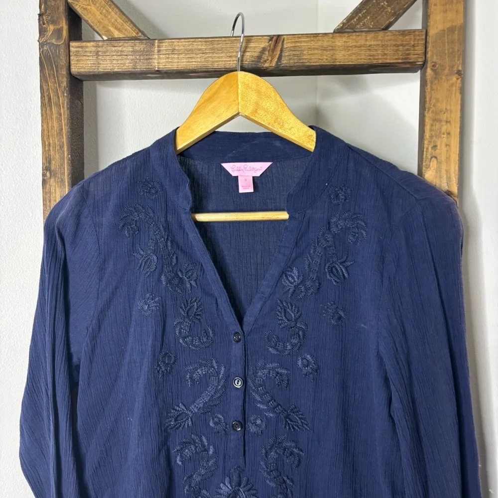 Lilly Pulitzer Navy Blue Embroidered Freya Women's Tunic Top Size S